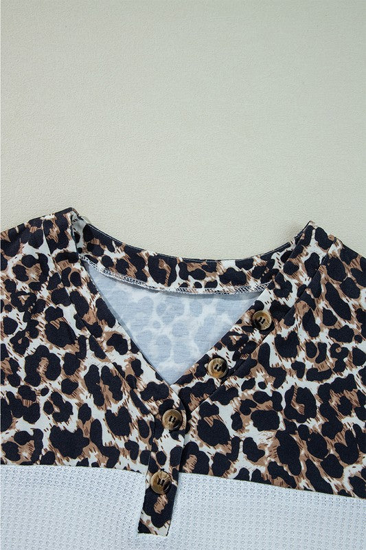 Leopard Waffle Knit Patchwork Button Sweatshirts