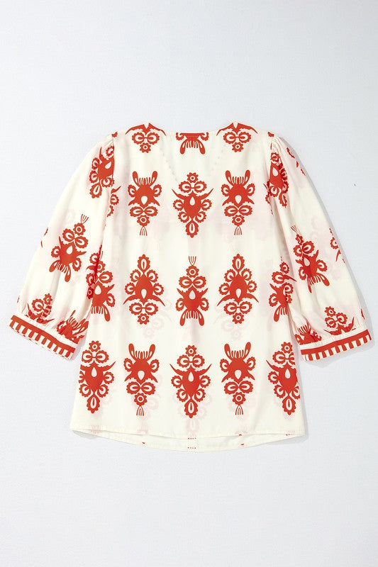 Women Geometric Printed 3/4 Sleeve V Neck Blouse