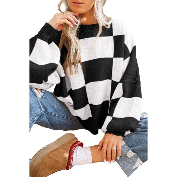 Women Checkered Bishop Sleeve Sweater