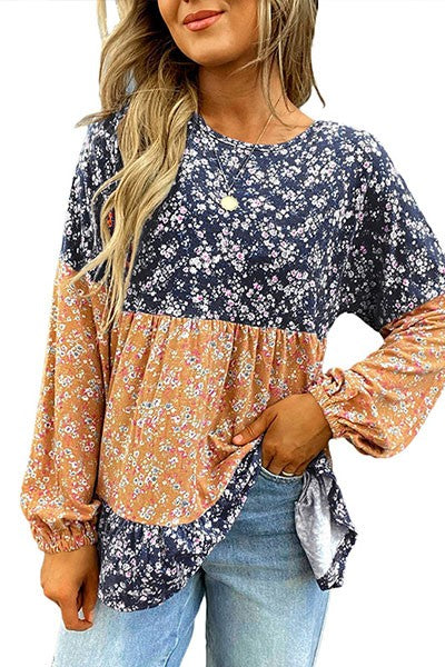 Women Patchwork Ruffled Hem Round Neck Blouse