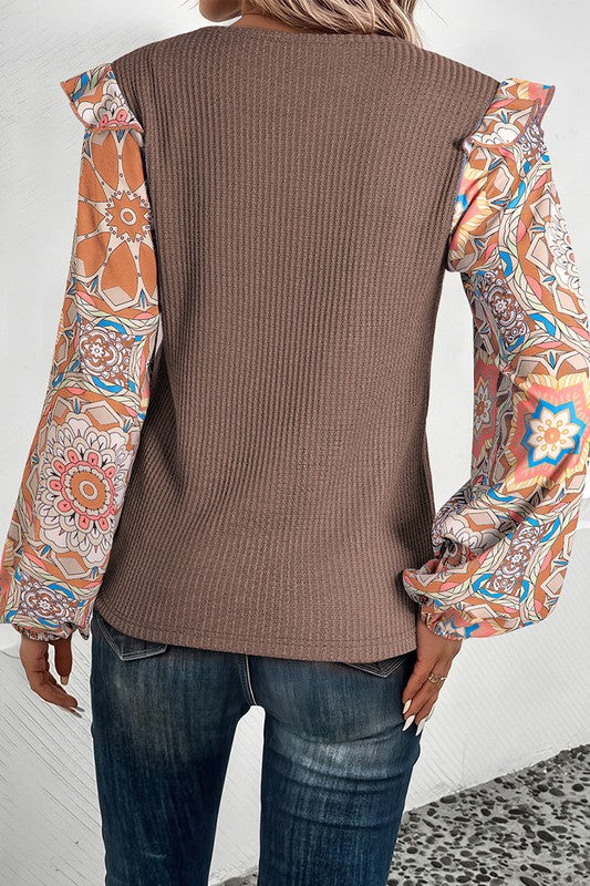 Floral Sleeve Patchwork Waffle Knit O Neck Blouse