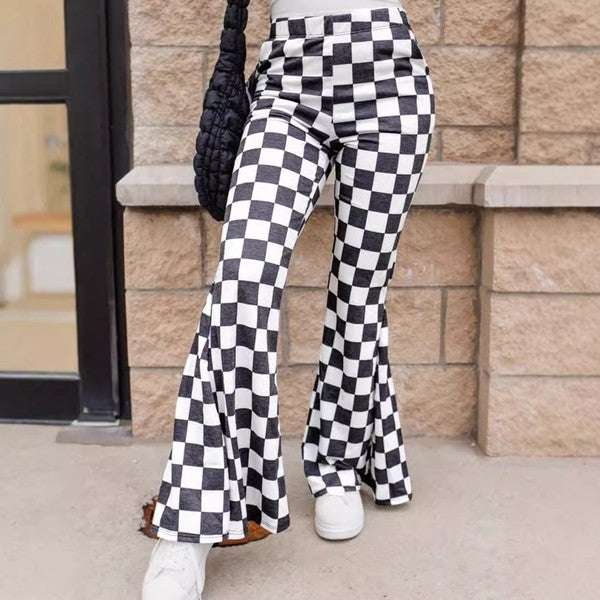 Black Checkerboard High Rise Casual Flared Pants