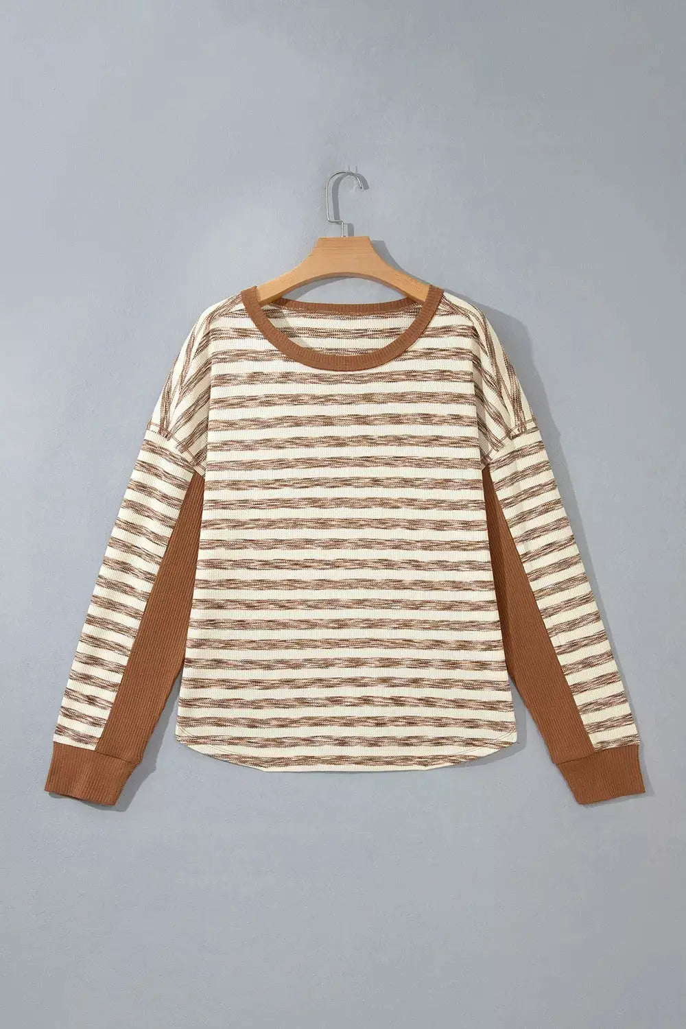 Stripe Textured Knit Color Block Trim Long Sleeve Round Neck Top by Trendsi