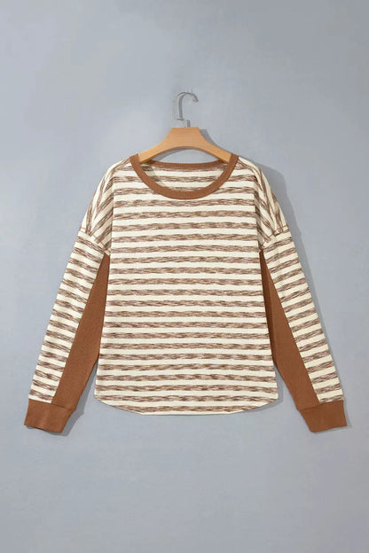 Stripe Textured Knit Color Block Trim Long Sleeve Round Neck Top by Trendsi