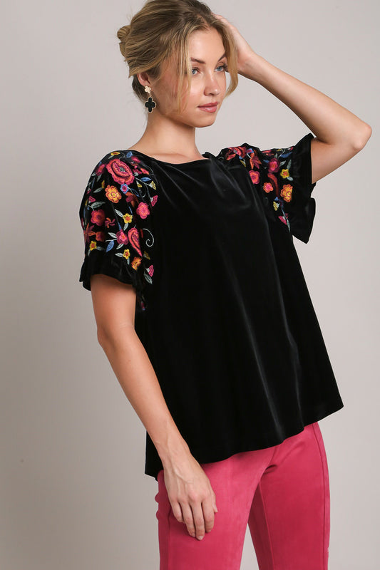 Umgee Full Size Velvet Embroidery Short Sleeve Blouse