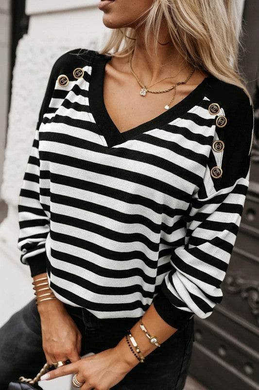 Women Stripe Crochet Back Buttoned V Neck Shirt