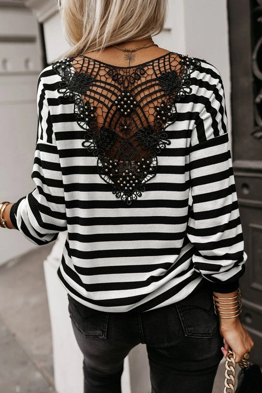 Women Stripe Crochet Back Buttoned V Neck Shirt