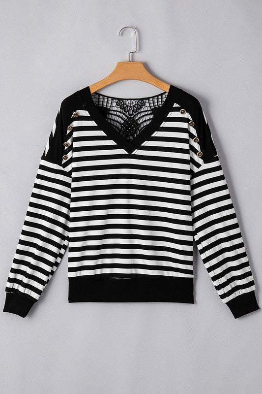 Women Stripe Crochet Back Buttoned V Neck Shirt