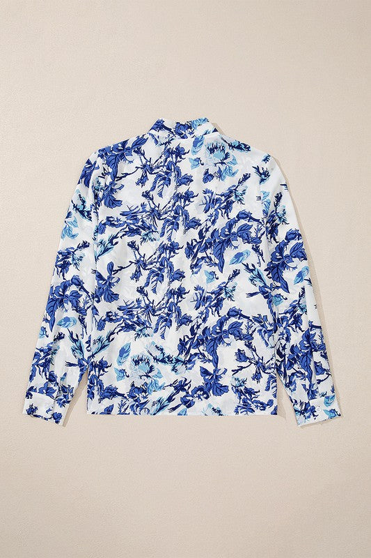 Sky Blue Floral Print Notched Neck Elegant Blouse