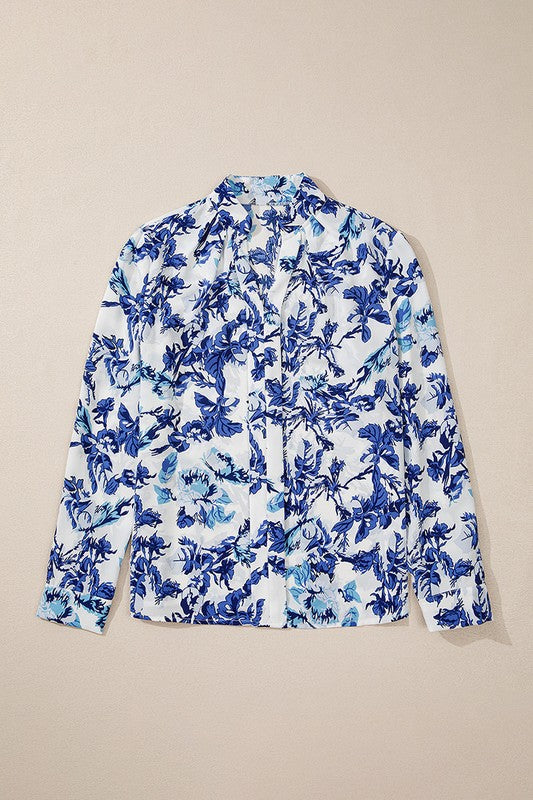 Sky Blue Floral Print Notched Neck Elegant Blouse