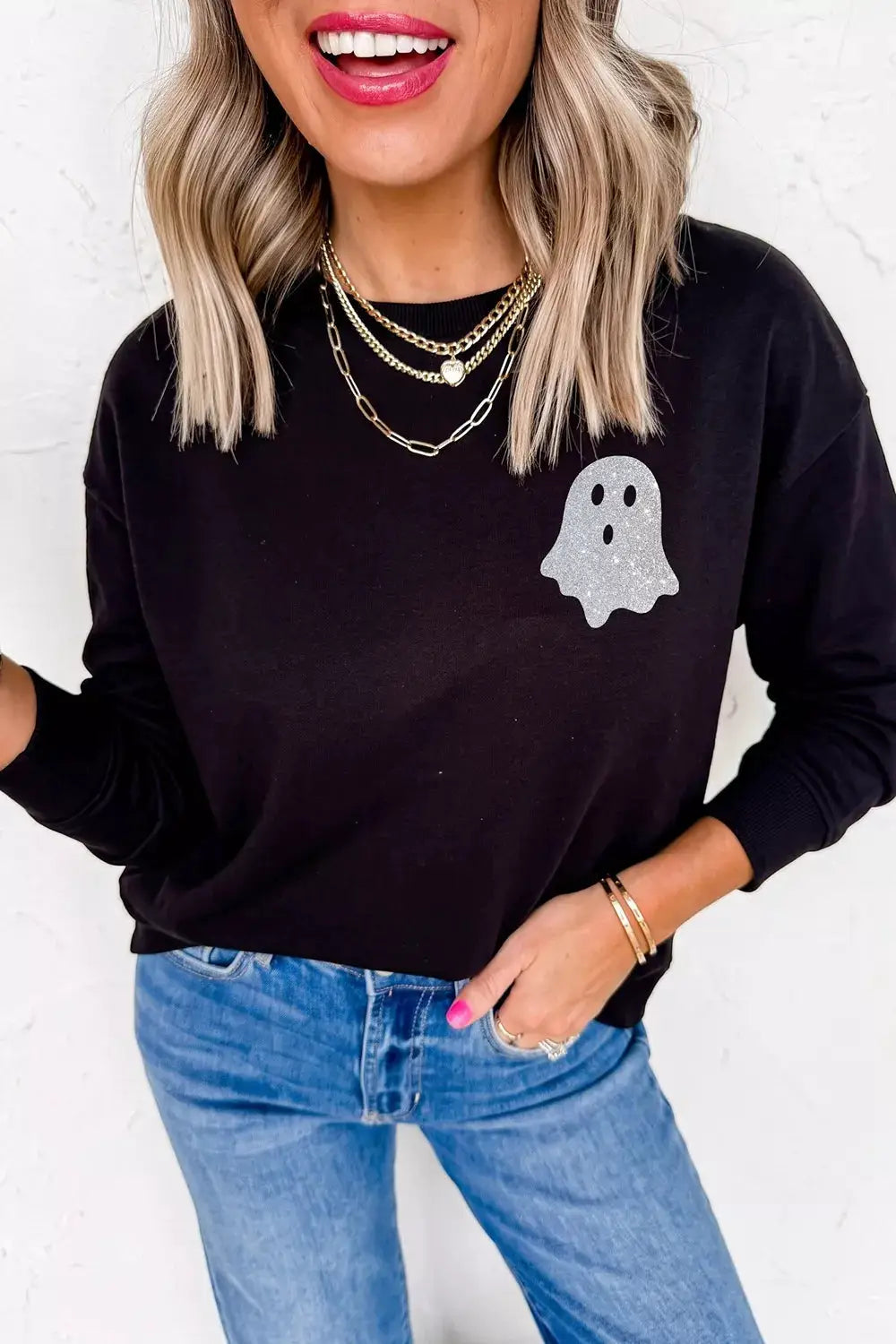 Round Neck Ghost Print Regular Fit Graphic Long Sleeve T-Shirt by Trendsi
