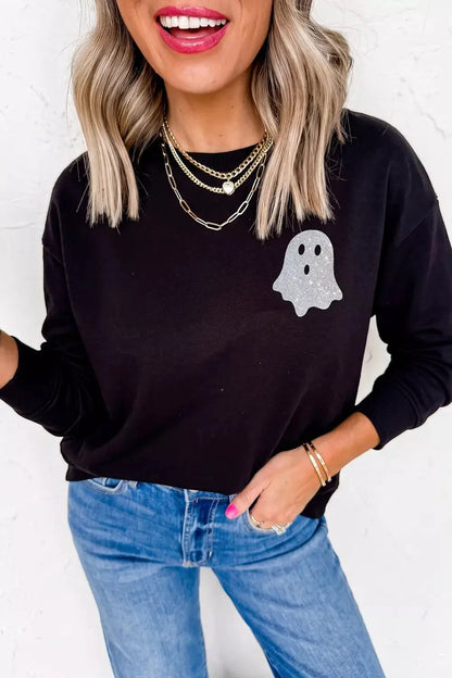 Round Neck Ghost Print Regular Fit Graphic Long Sleeve T-Shirt by Trendsi
