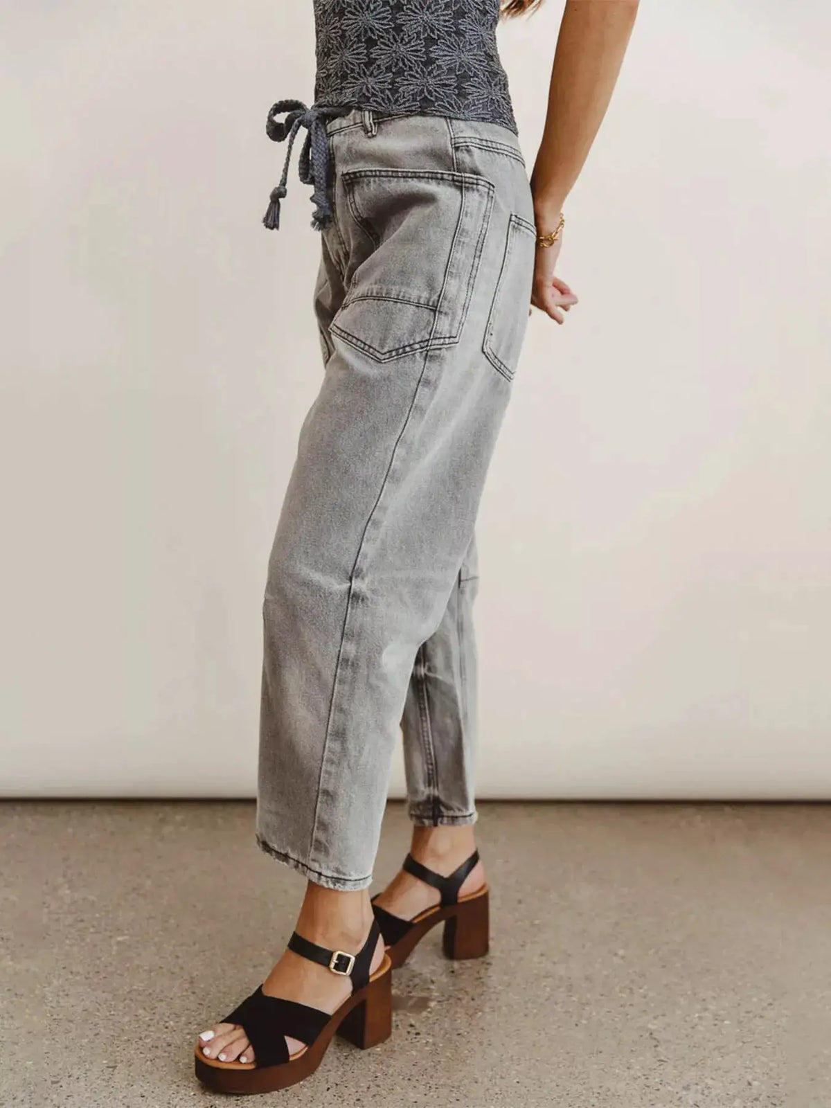 Drawstring Wide Leg Cropped Jeans by Trendsi