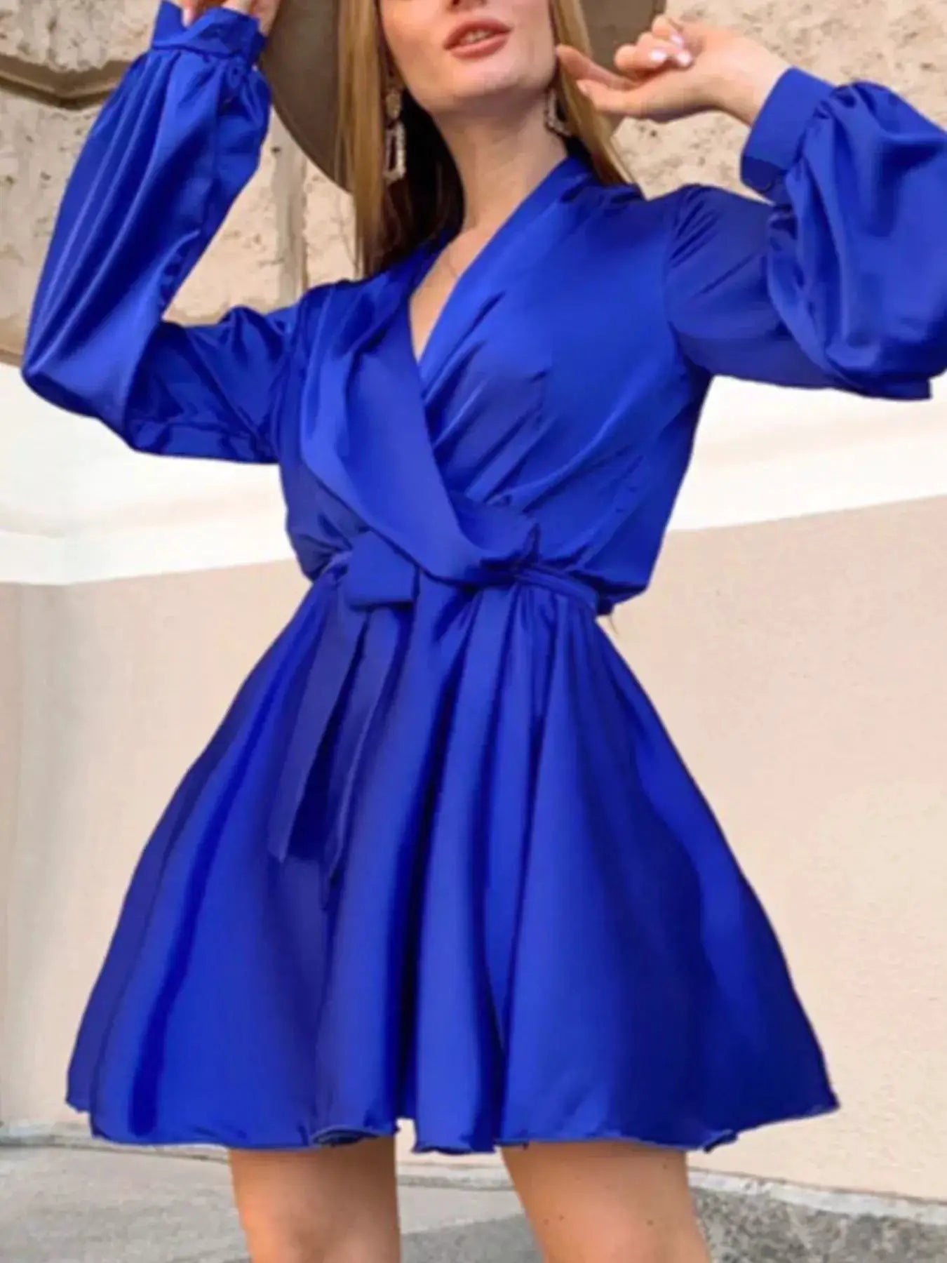 Satin Surplice Long Sleeve Mini Dress by Trendsi