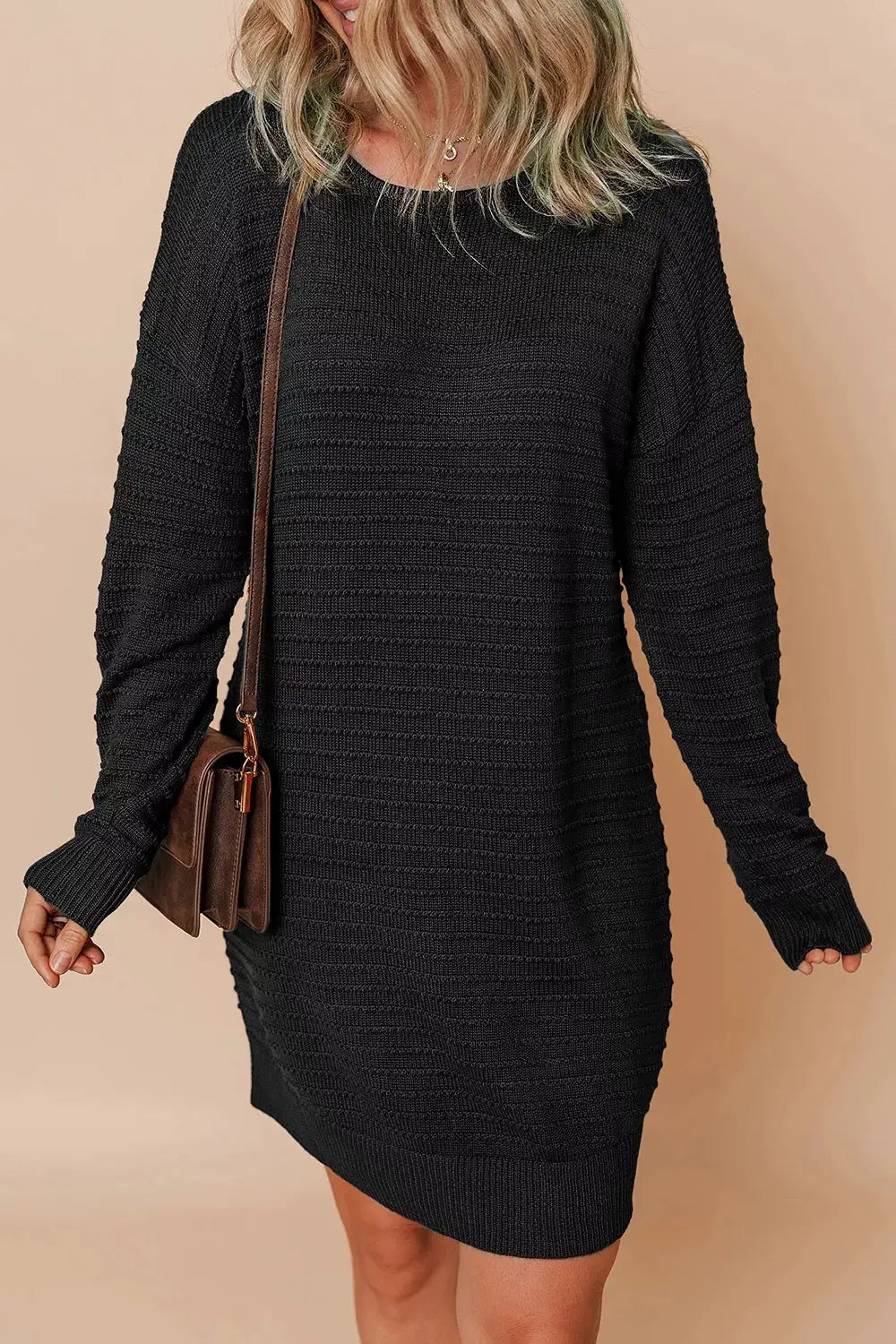 Solid Color Raised Rib Knit Dolman Sleeve Shift Sweater Dress by Trendsi