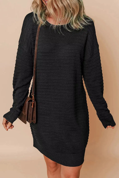 Solid Color Raised Rib Knit Dolman Sleeve Shift Sweater Dress by Trendsi