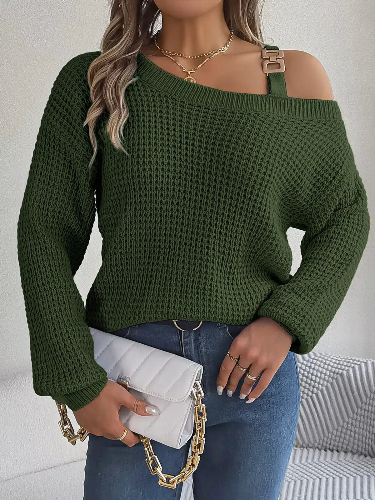 Asymmetrical Neck Long Sleeve Sweater by Trendsi
