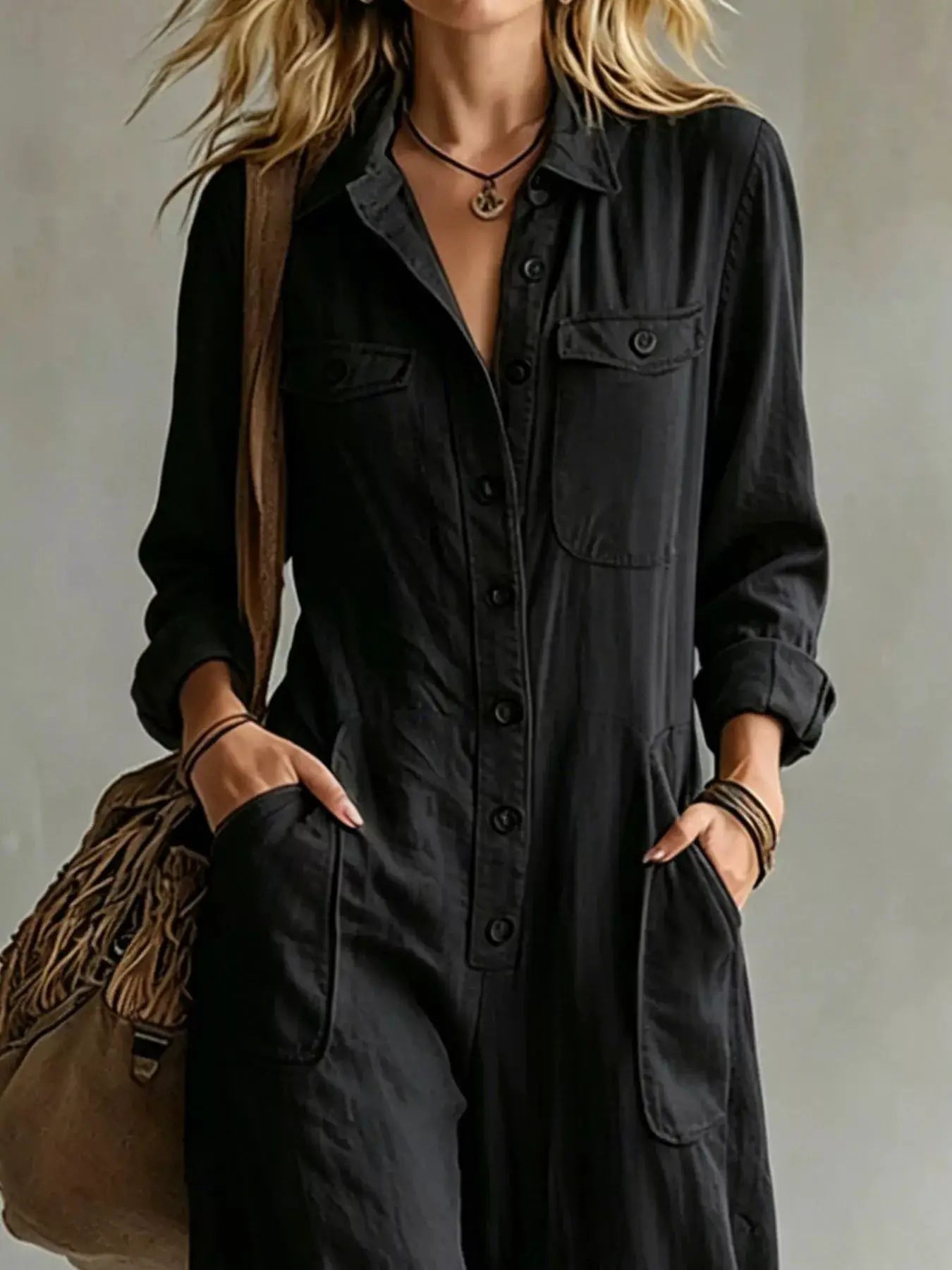 Full Size Long Sleeve Button Front Jumpsuit Plus Size by Trendsi