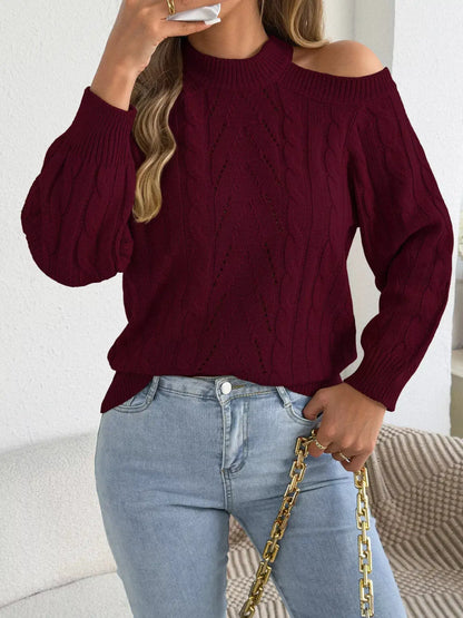 Cold Shoulder Cable Knit Sweater by Trendsi