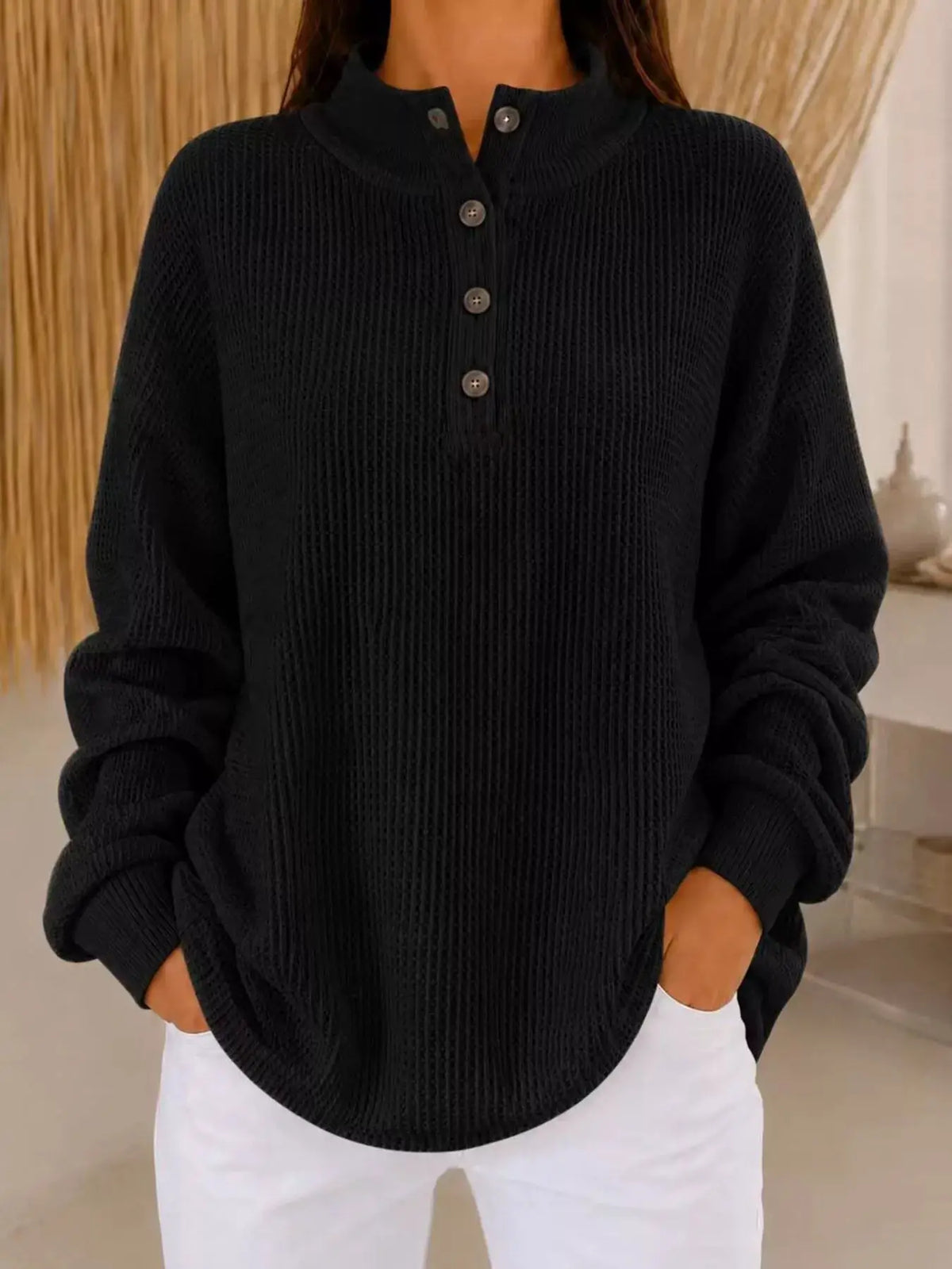 Full Size Waffle Knit Button Detail Sweatshirt Plus Size by Trendsi