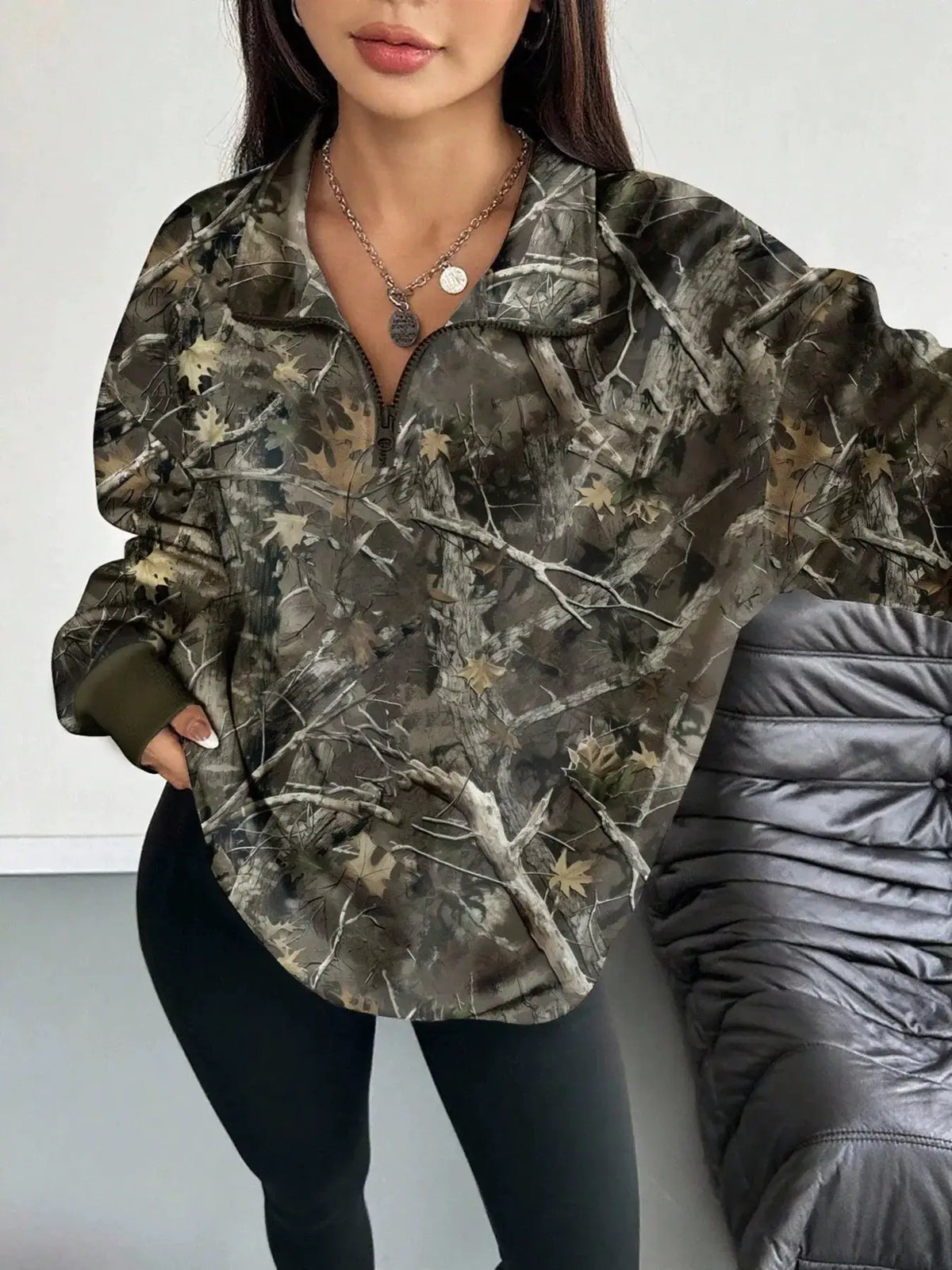 Quarter-Zip Printed Sweatshirt with Ribbed Cuffs by Trendsi