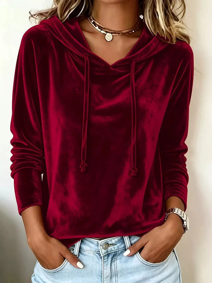 Full Size Velvet Drawstring Long Sleeve Hoodie Plus Size by Trendsi