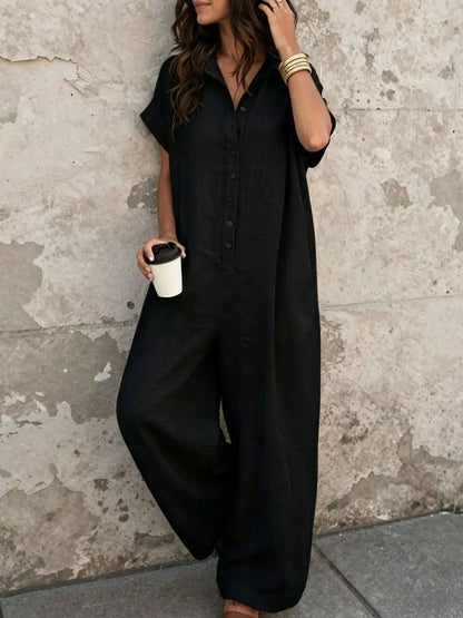 Button Front Short Sleeve Jumpsuit by Trendsi