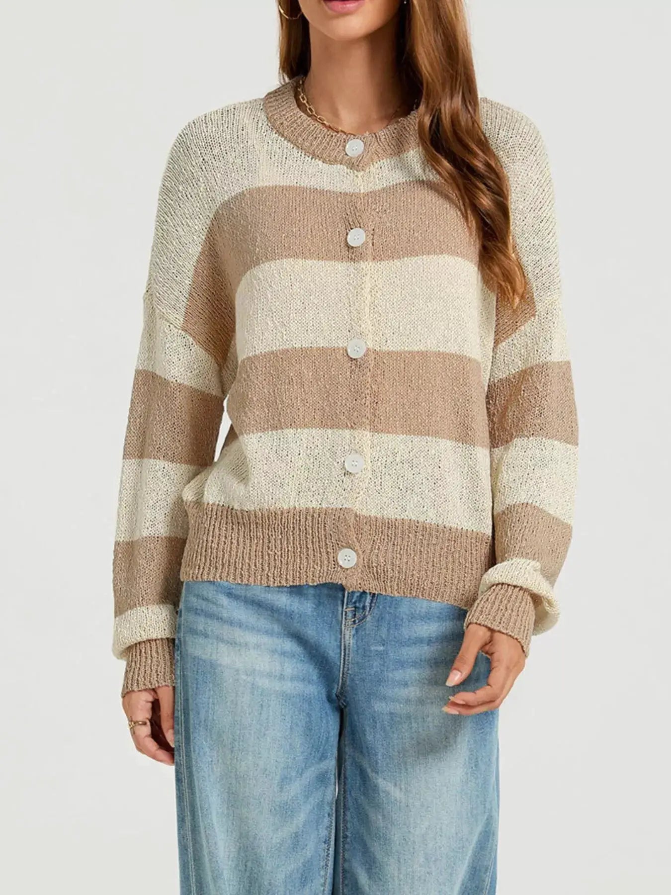 Casual Striped Button-Down Knit Cardigan by Trendsi