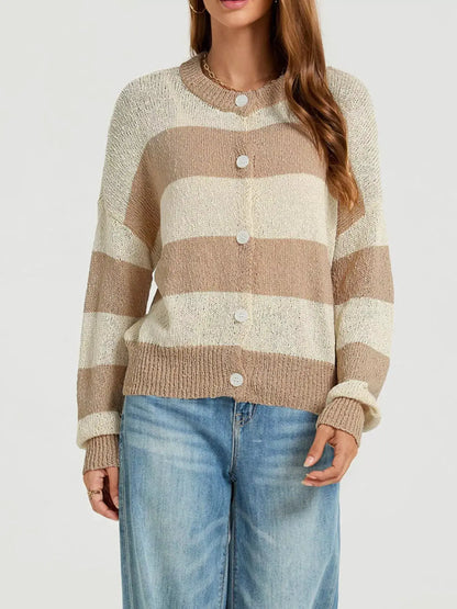 Casual Striped Button-Down Knit Cardigan by Trendsi