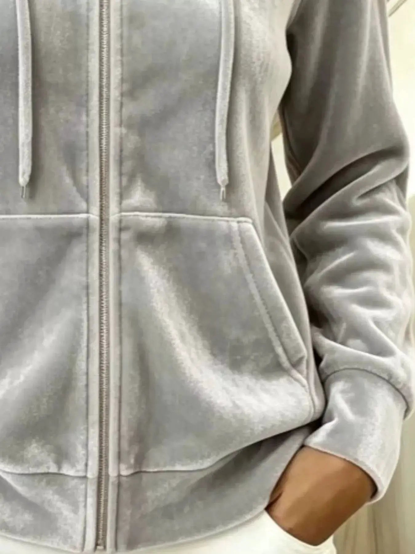 Full Size Velvet Zip-Up Hoodie with Drawstring Plus Size by Trendsi