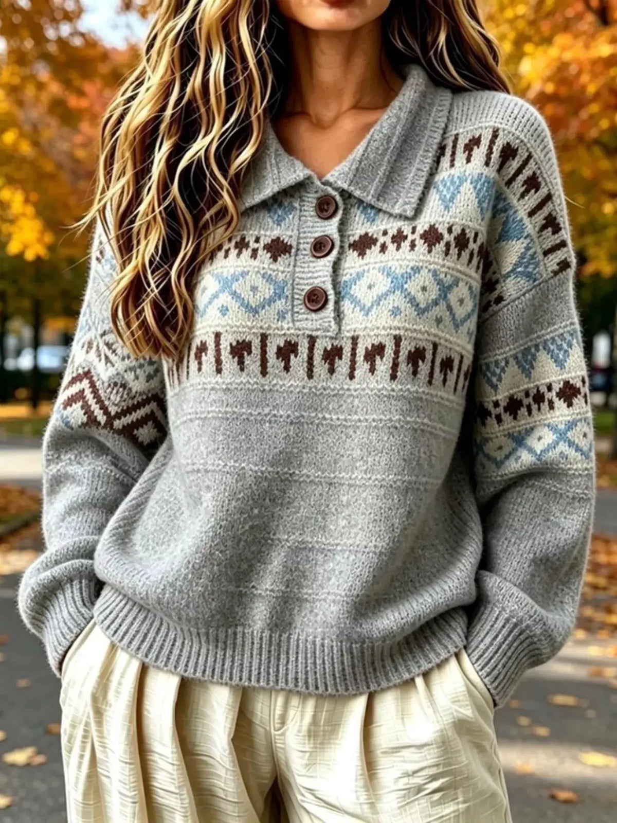 Full Size Vintage Fair Isle Pattern Polo Collar Sweater Plus Size by Trendsi