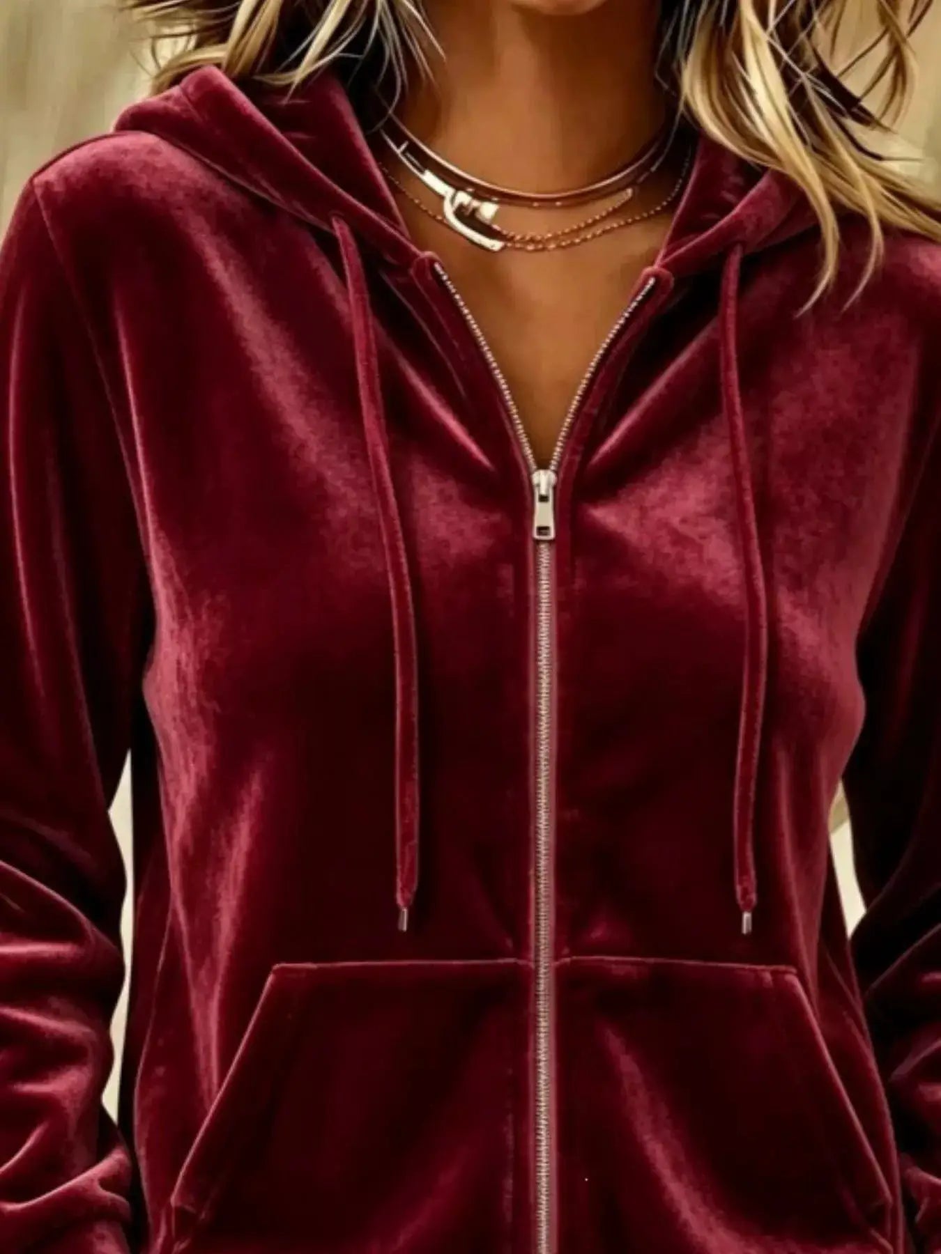 Full Size Velvet Zip-Up Hoodie with Drawstring Plus Size by Trendsi