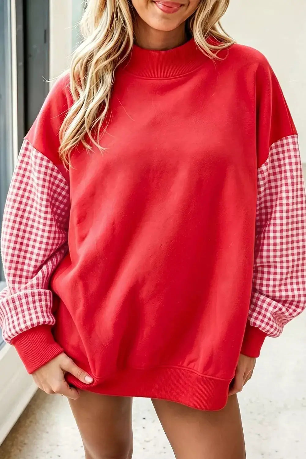 Gingham Contrast Sleeve Crew Neck Sweatshirt by Trendsi
