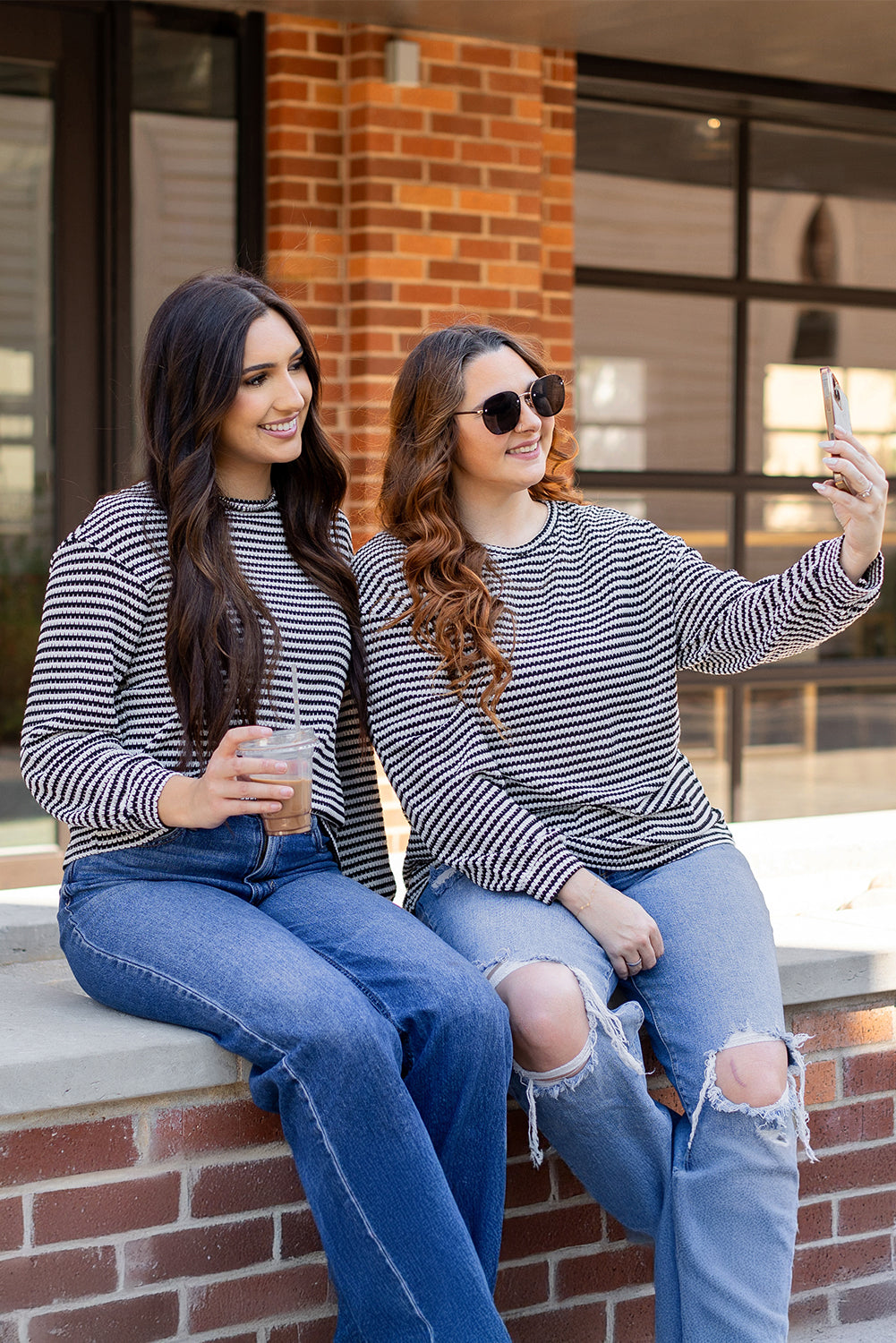 Khaki Stripe Round Neck Drop Shoulder Long Sleeve Top