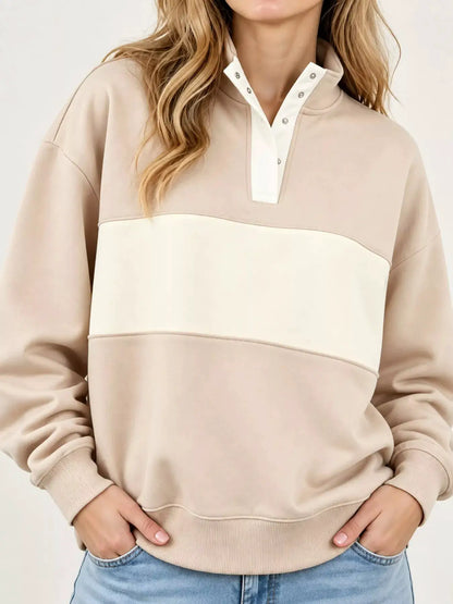 Full Size Color Block Snap-Button Sweatshirt Plus Size by Trendsi