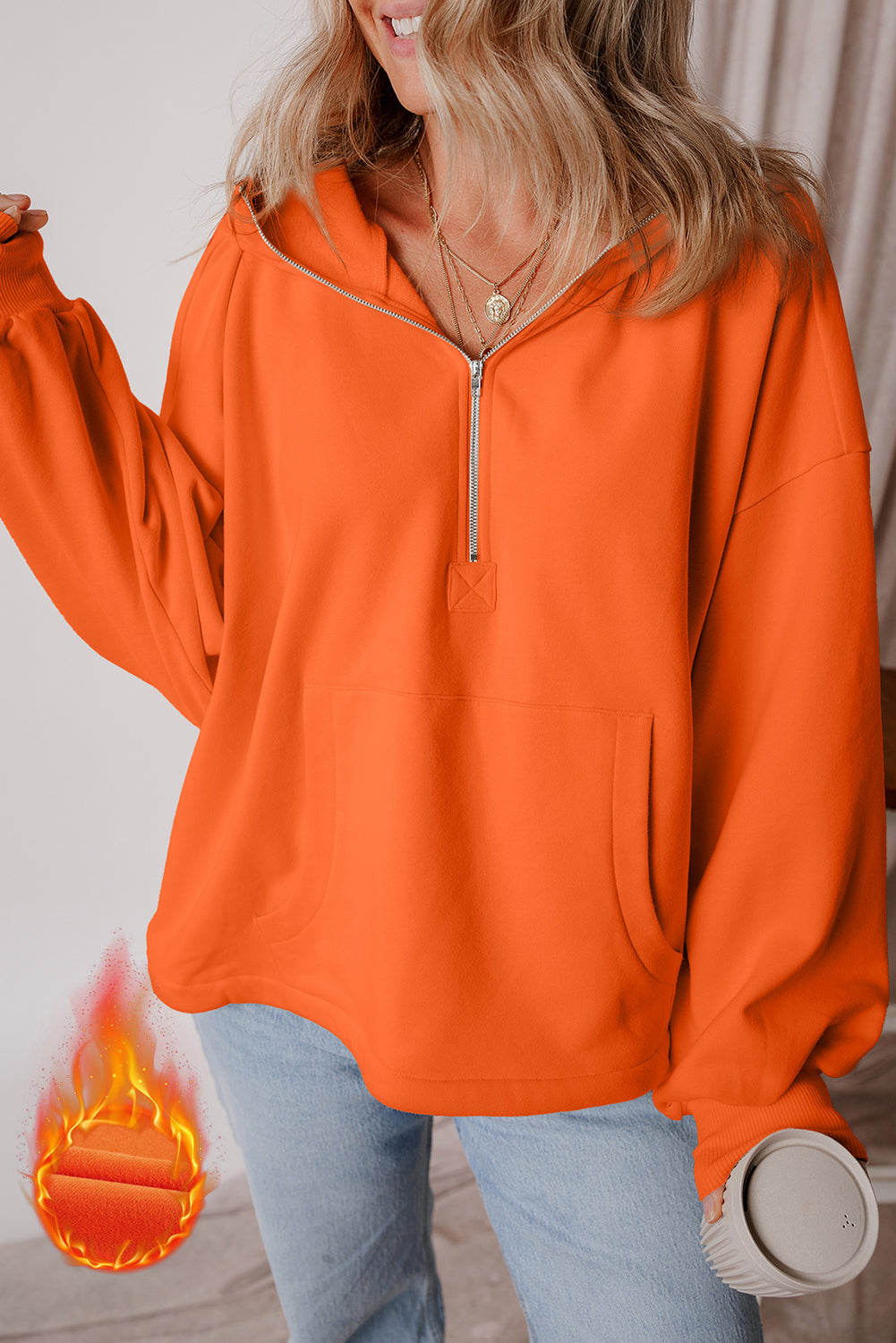 Valerian Fleece Lined Half Zipper Kangaroo Pockets Loose Hoodie