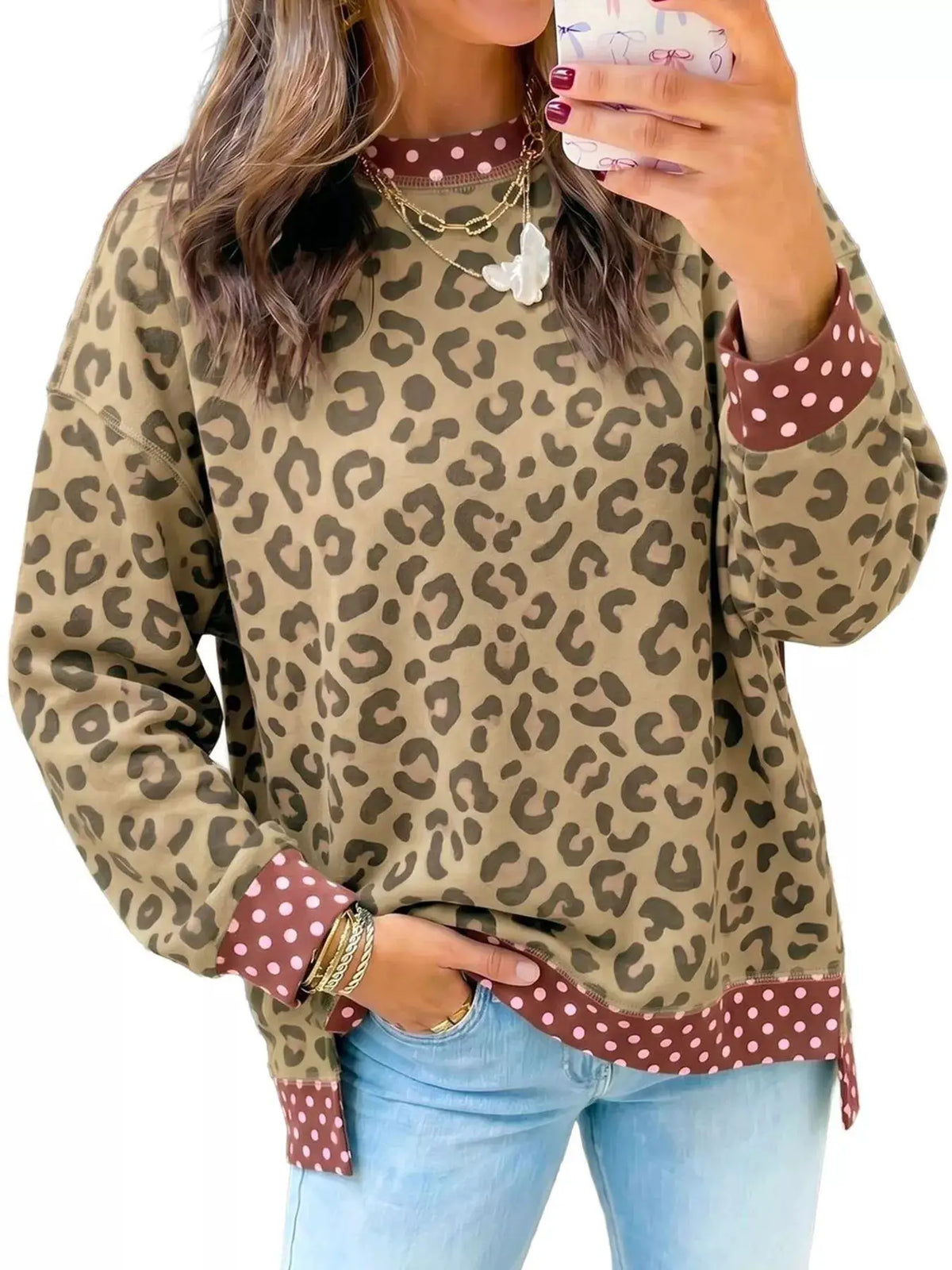 Side Slit Leopard Sweatshirt with Polka Dot Trim by Trendsi