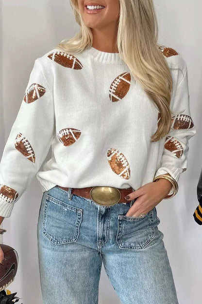 Sequin Football Print Round Neck Long Sleeve Loose Fit Sweater by Trendsi