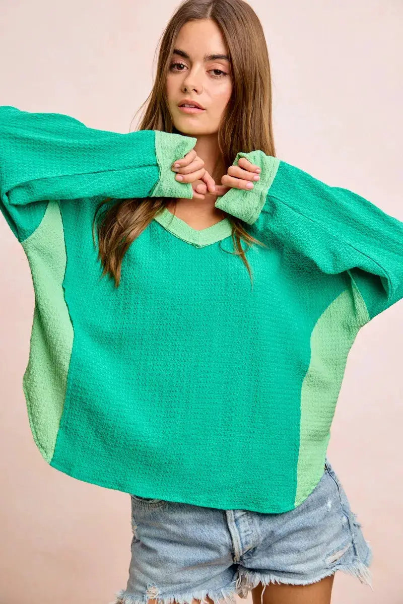 BiBi Textured Jersey Color Block Top With Cut Edge by Trendsi