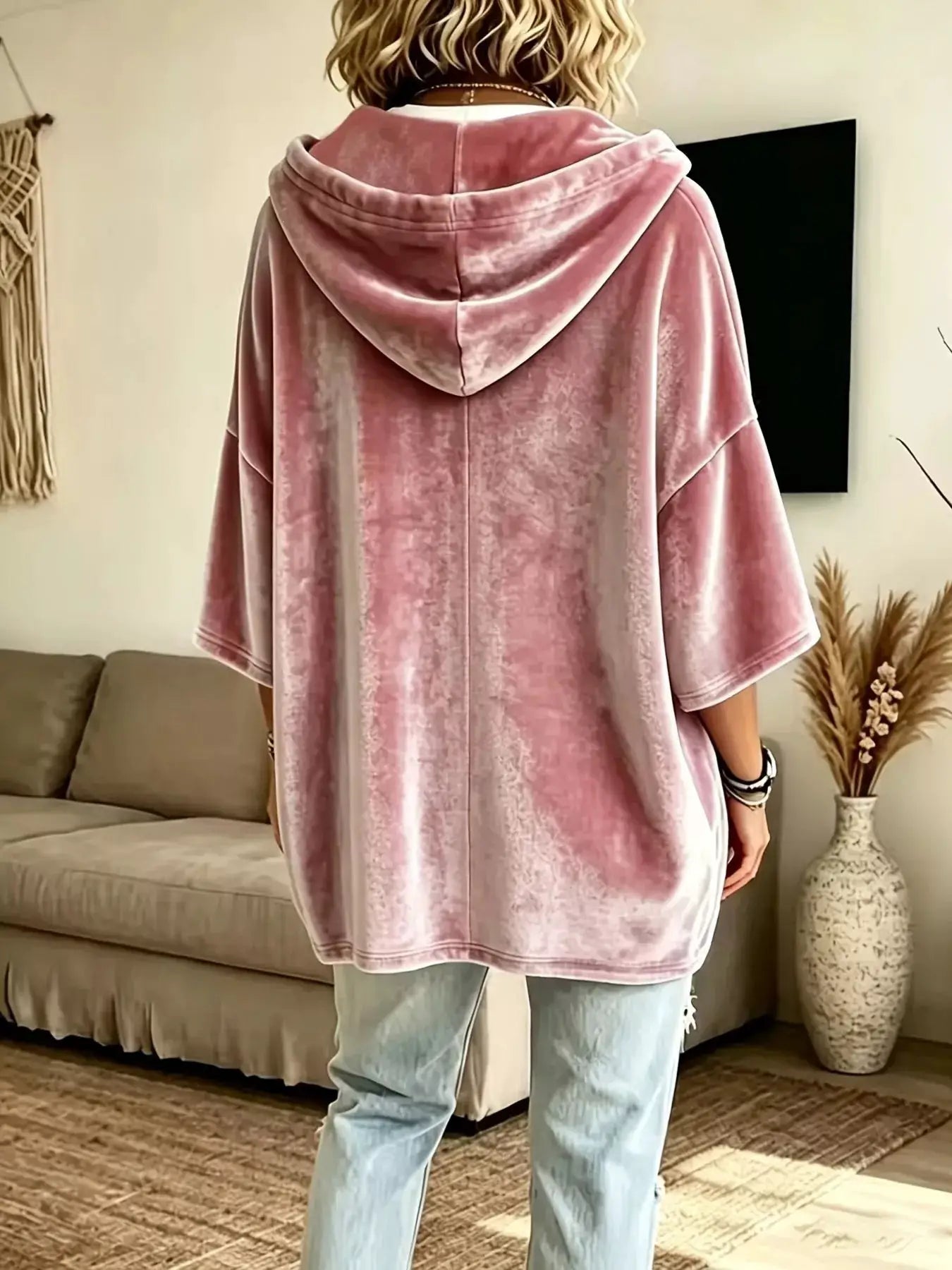 Full Size Velvet 3/4 Sleeve Hoodie with Kangaroo Pocket Plus Size by Trendsi