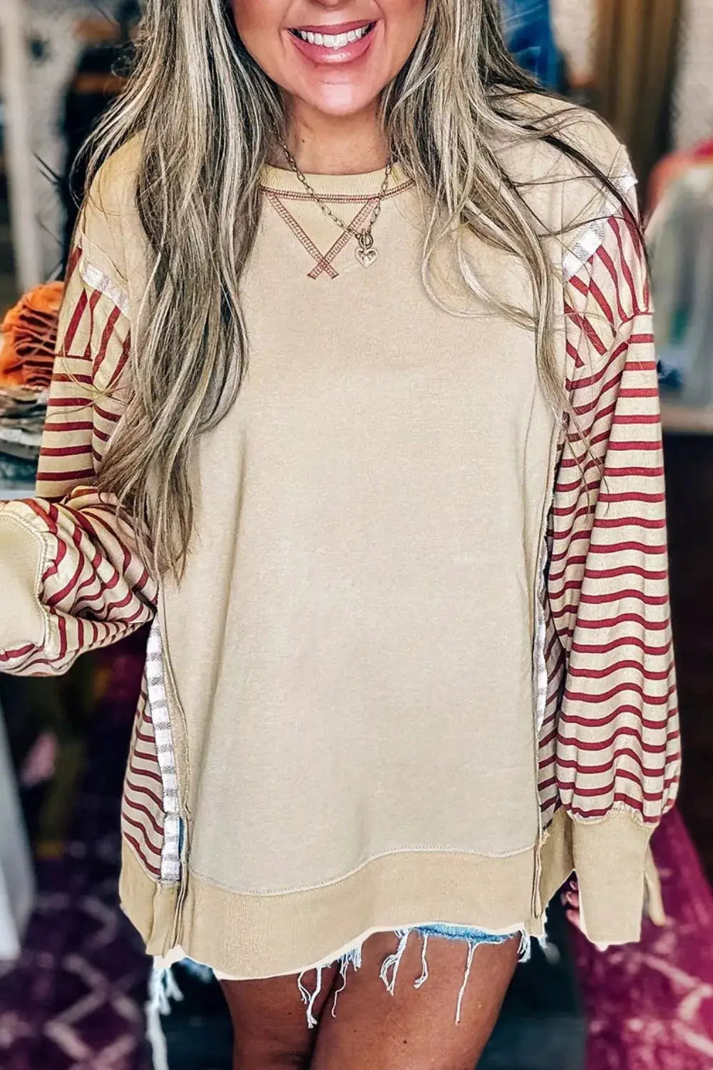 Slit Striped Long Sleeve Sweatshirt by Trendsi