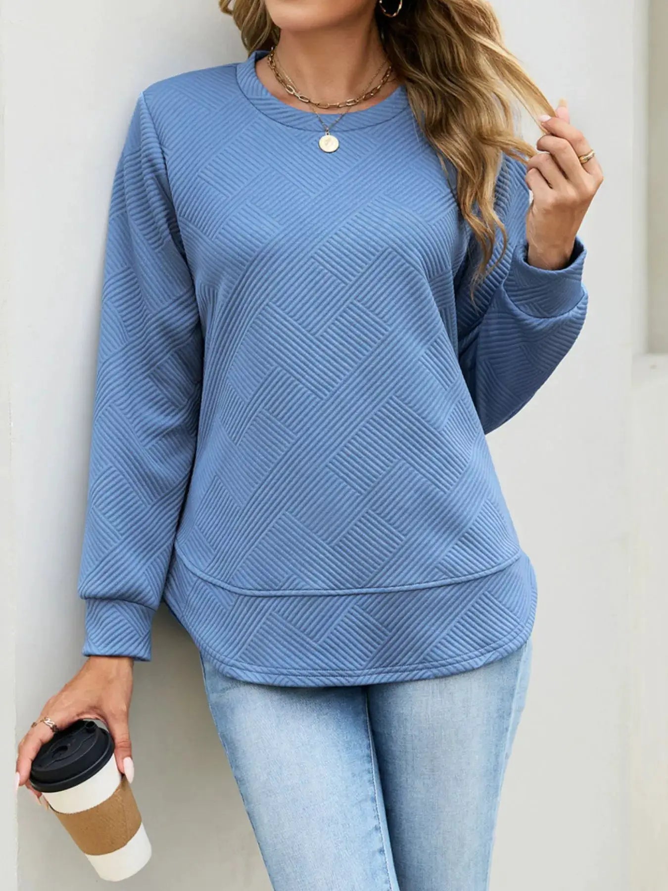 Textured Crew Neck Sweatshirt by Trendsi