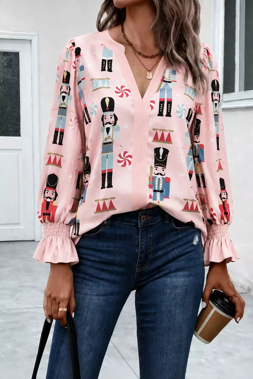 Nutcracker Print Notched Flounce Sleeve Blouse by Trendsi