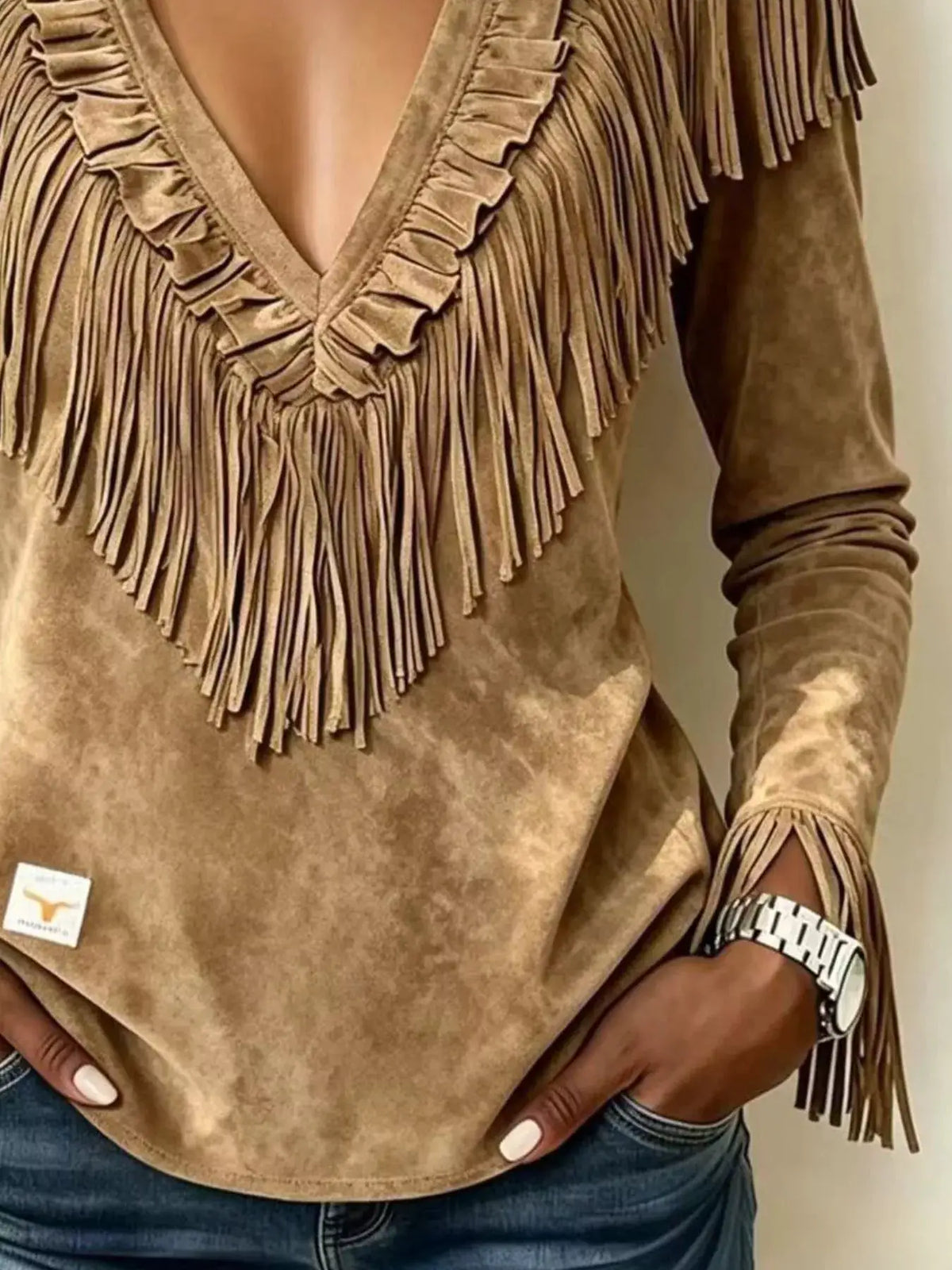 Fringed V-Neck Blouse by Trendsi