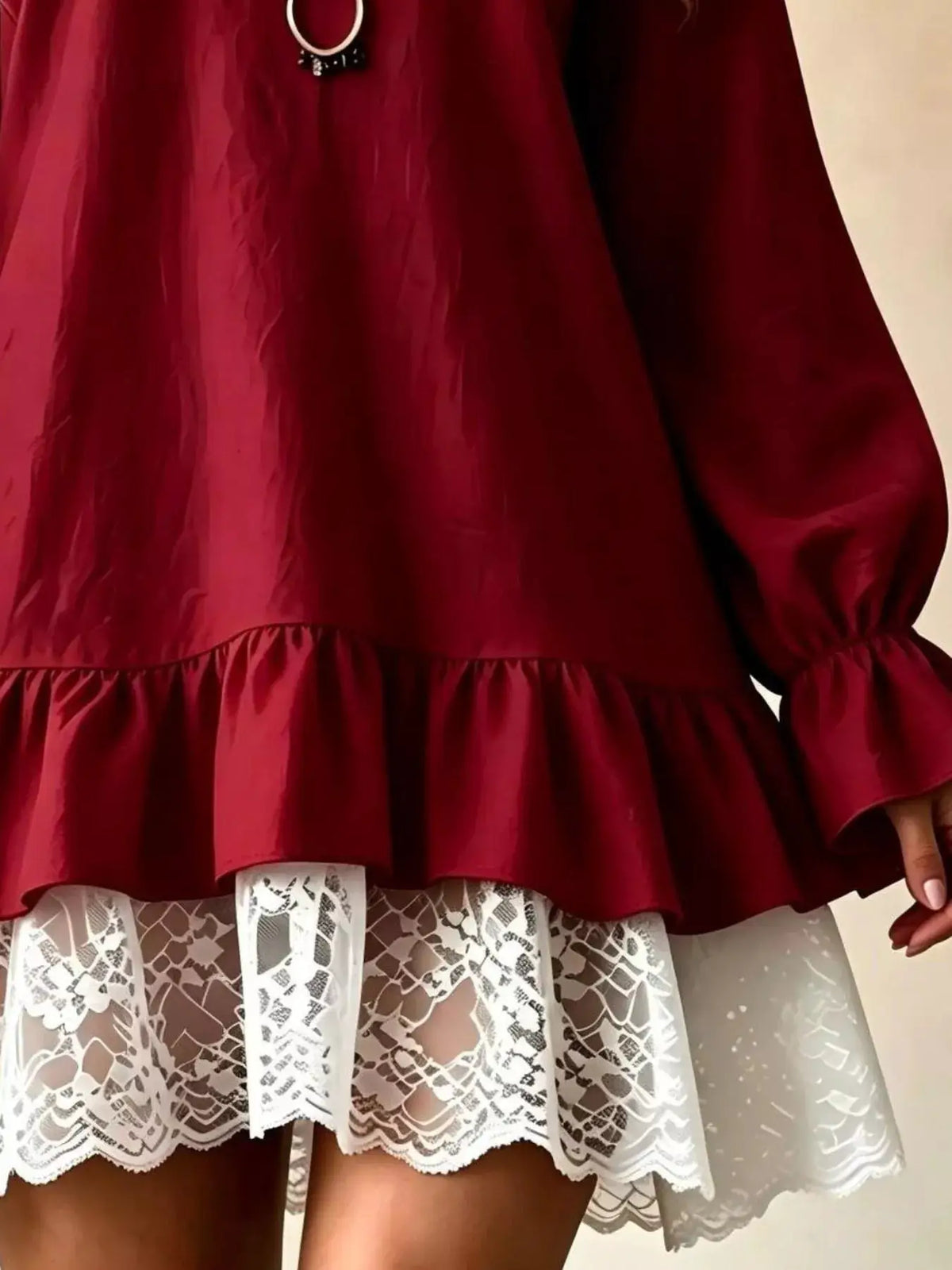 V-Neck Long Sleeve Ruffle Hem Lace Trim Mini Dress by Trendsi