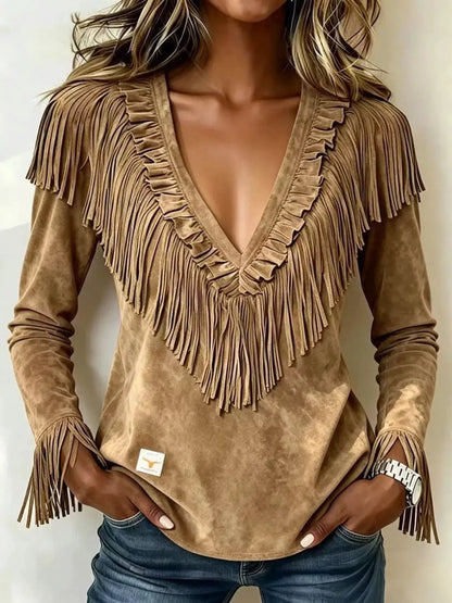Fringed V-Neck Blouse by Trendsi
