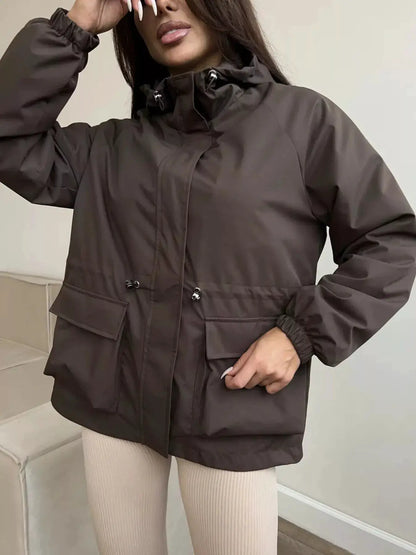 Drawstring Waist Hooded Windbreaker Outerwear by Trendsi