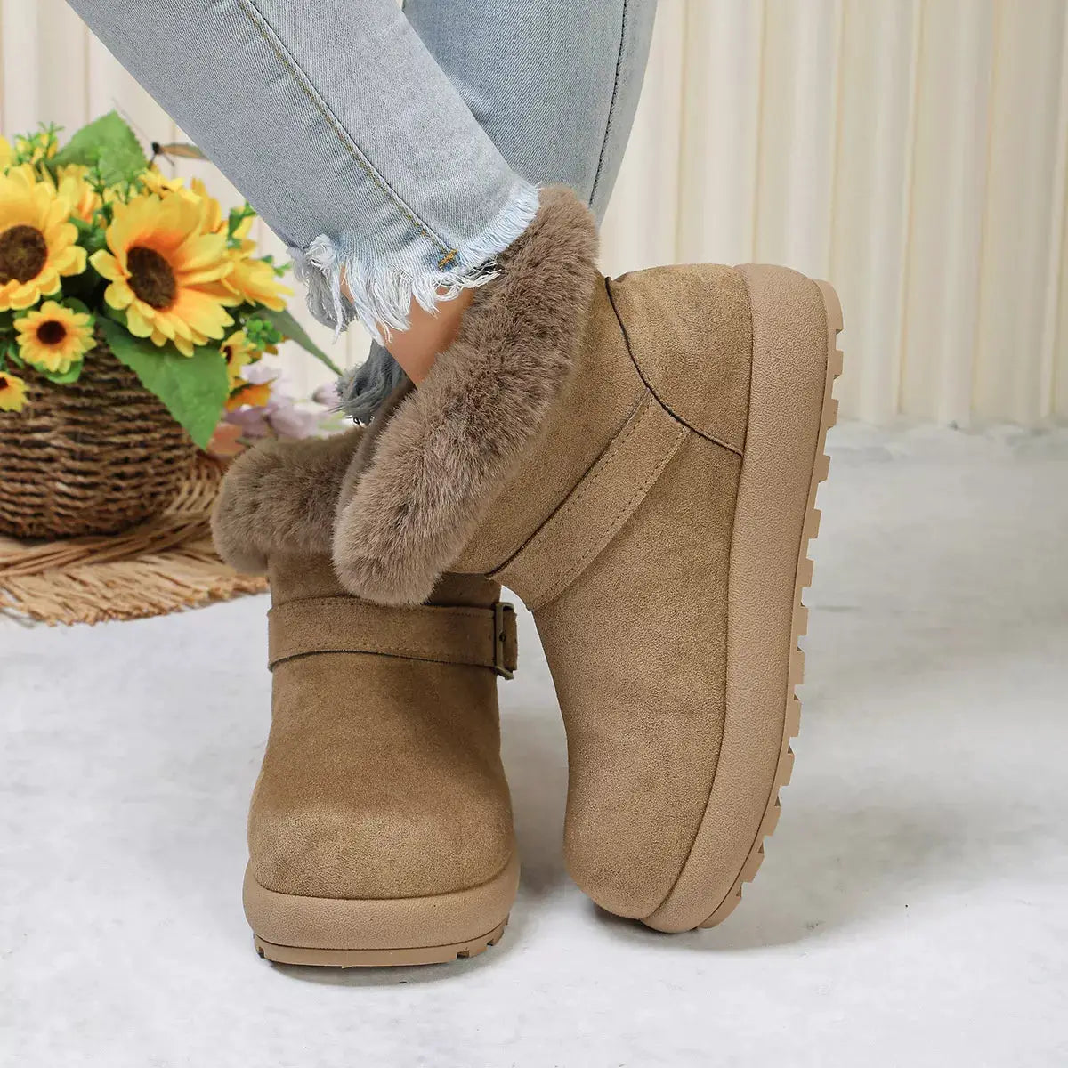 Round Toe Fuzzy Boots by Trendsi