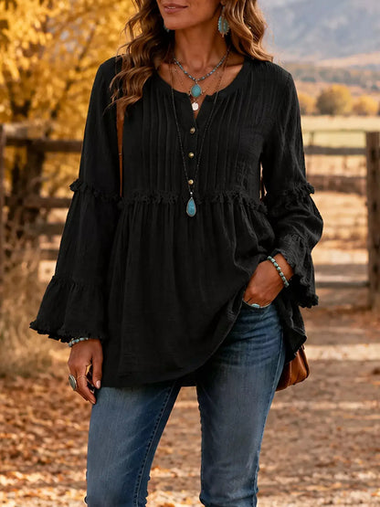 Full Size Frill Notched Long Sleeve Blouse Plus Size by Trendsi