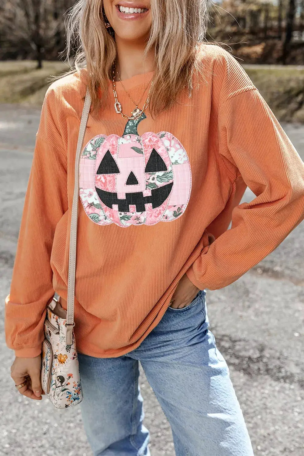 Patchwork Pumpkin Graphic Corded Ribbed Round Neck Tunic Sweatshirt by Trendsi